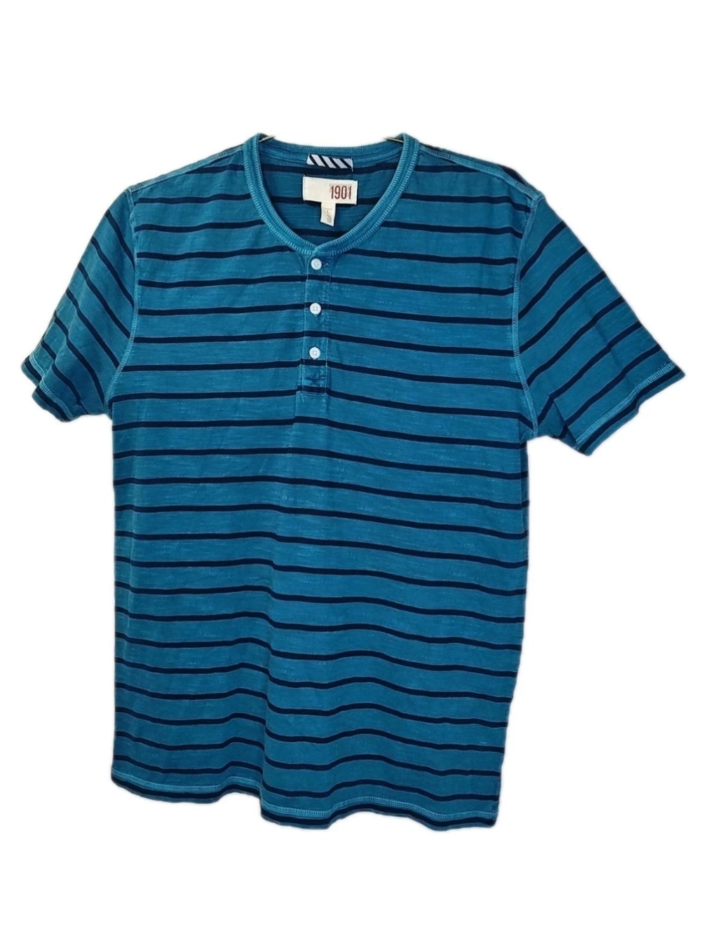 1901 Slub Cotton Henley T-Shirt Men Large Teal Navy Striped Nautical Preppy Nwot